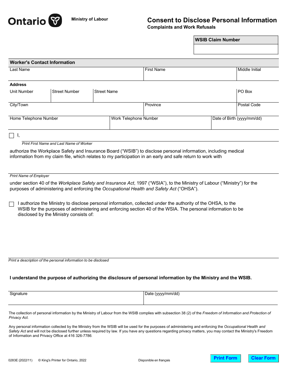 Form 0283E Consent to Disclose Personal Information Complaints and Work Refusals - Ontario, Canada, Page 1