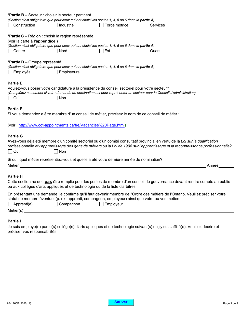 Forme 87-1760F Demande De Nomination a Un Conseil De Gouvernance Ou a La Liste Darbitres De Lordre DES Metiers De Lontario - Ontario, Canada (French), Page 2