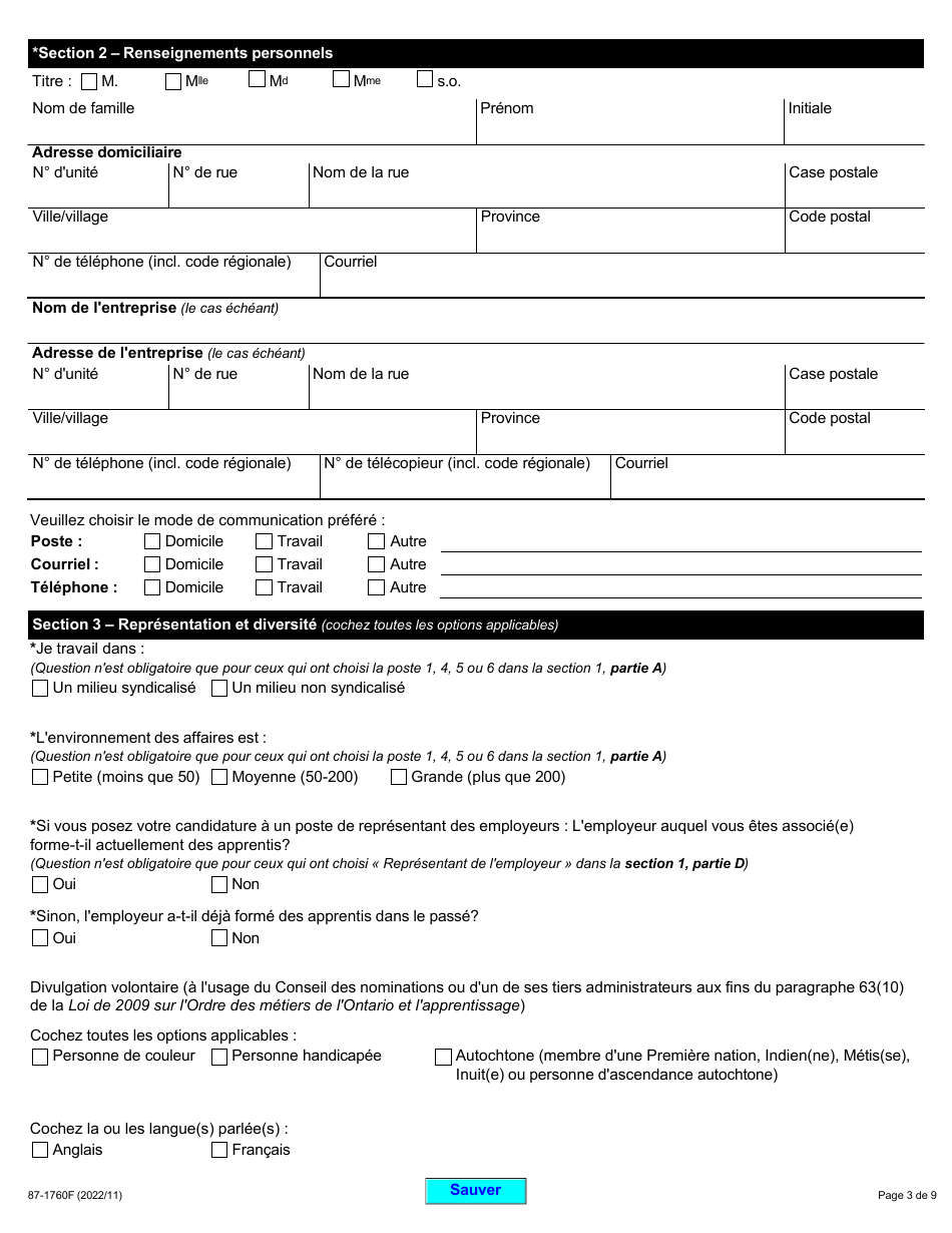 Forme 87-1760F Demande De Nomination a Un Conseil De Gouvernance Ou a La Liste Darbitres De Lordre DES Metiers De Lontario - Ontario, Canada (French), Page 3