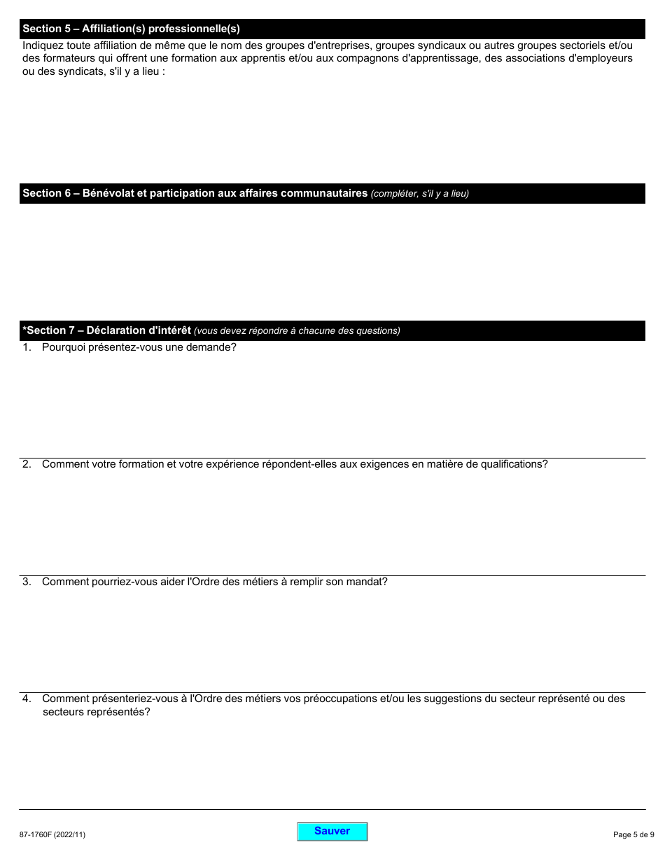 Forme 87-1760F Demande De Nomination a Un Conseil De Gouvernance Ou a La Liste Darbitres De Lordre DES Metiers De Lontario - Ontario, Canada (French), Page 5