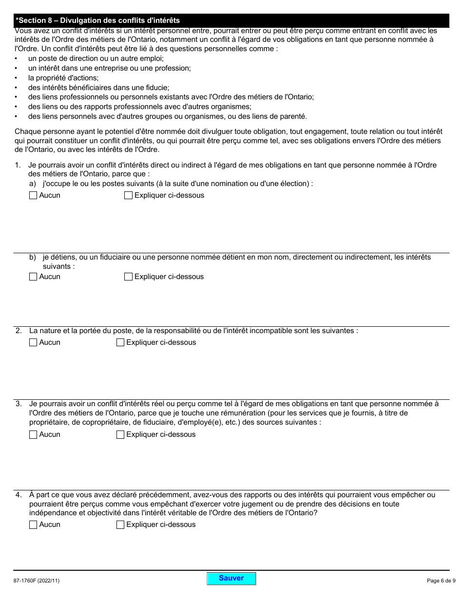 Forme 87-1760F Demande De Nomination a Un Conseil De Gouvernance Ou a La Liste Darbitres De Lordre DES Metiers De Lontario - Ontario, Canada (French), Page 6