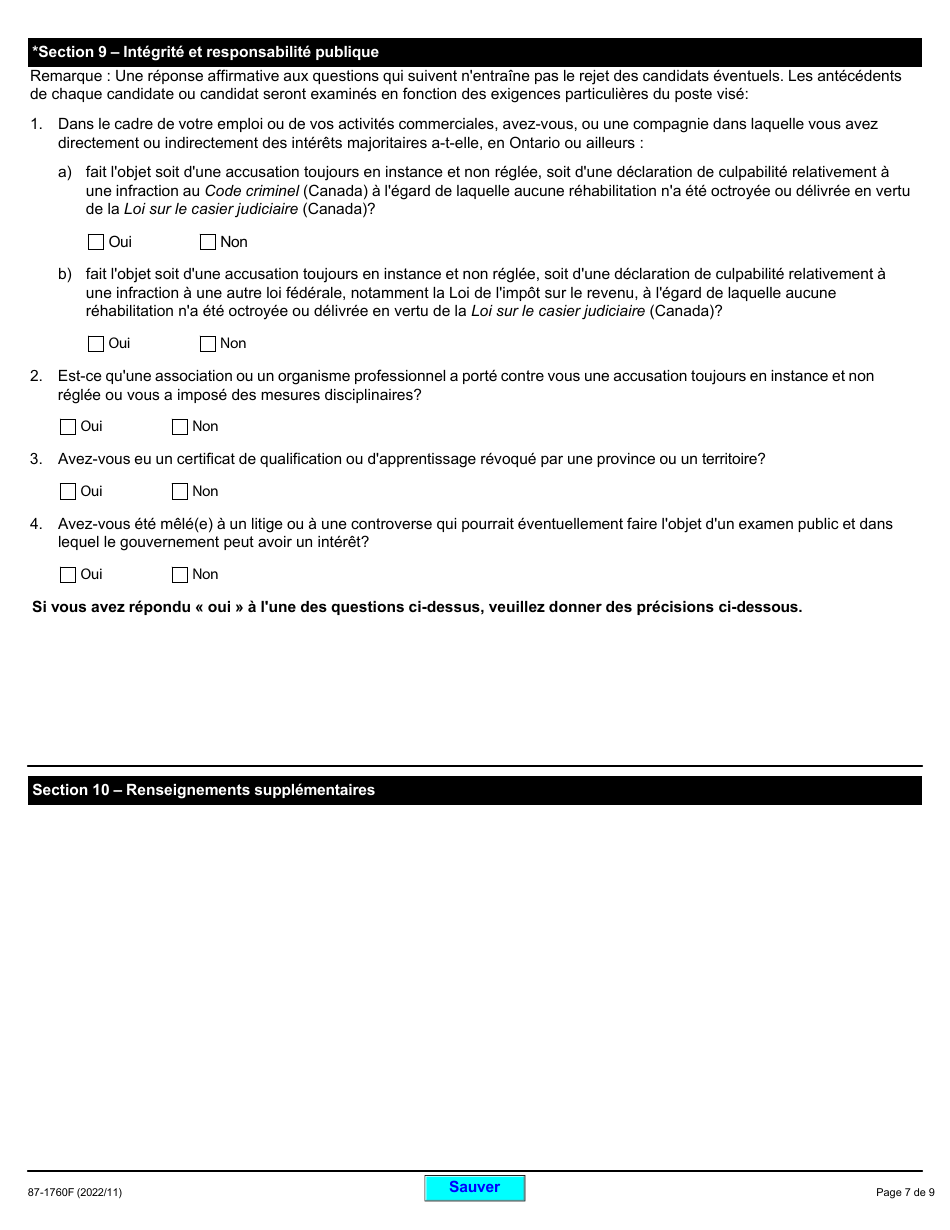 Forme 87-1760F Demande De Nomination a Un Conseil De Gouvernance Ou a La Liste Darbitres De Lordre DES Metiers De Lontario - Ontario, Canada (French), Page 7