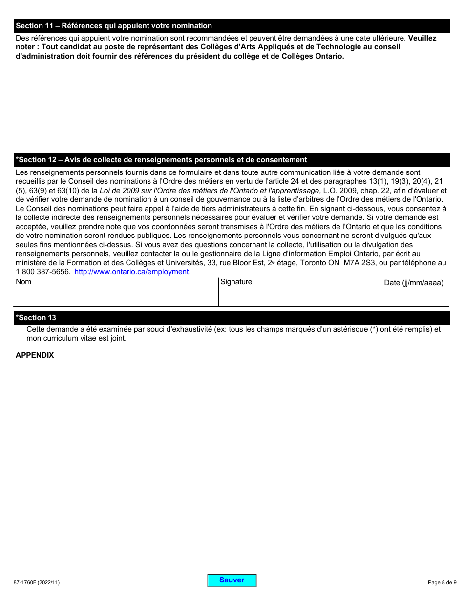 Forme 87-1760F Demande De Nomination a Un Conseil De Gouvernance Ou a La Liste Darbitres De Lordre DES Metiers De Lontario - Ontario, Canada (French), Page 8