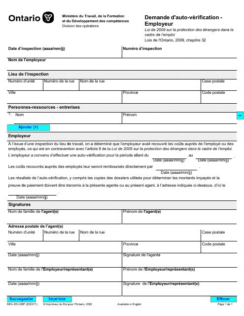 Forme MOL-ES-026F Demande D'auto-Verification - Employeur - Ontario, Canada (French)