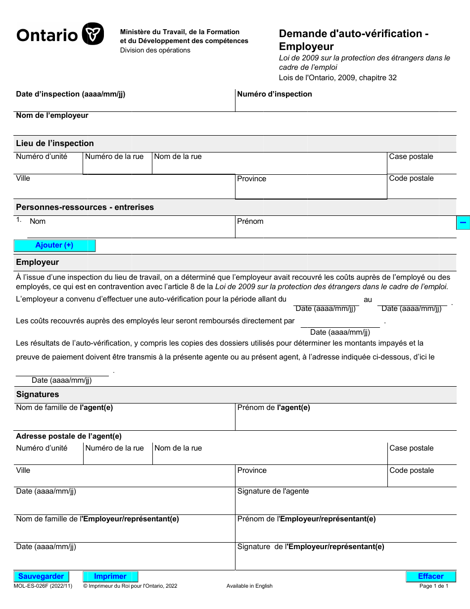 Forme MOL-ES-026F Demande Dauto-Verification - Employeur - Ontario, Canada (French), Page 1