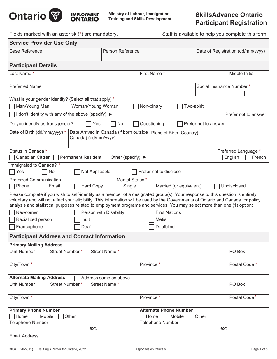 Form 3034E Skillsadvance Ontario Participant Registration - Ontario, Canada, Page 1