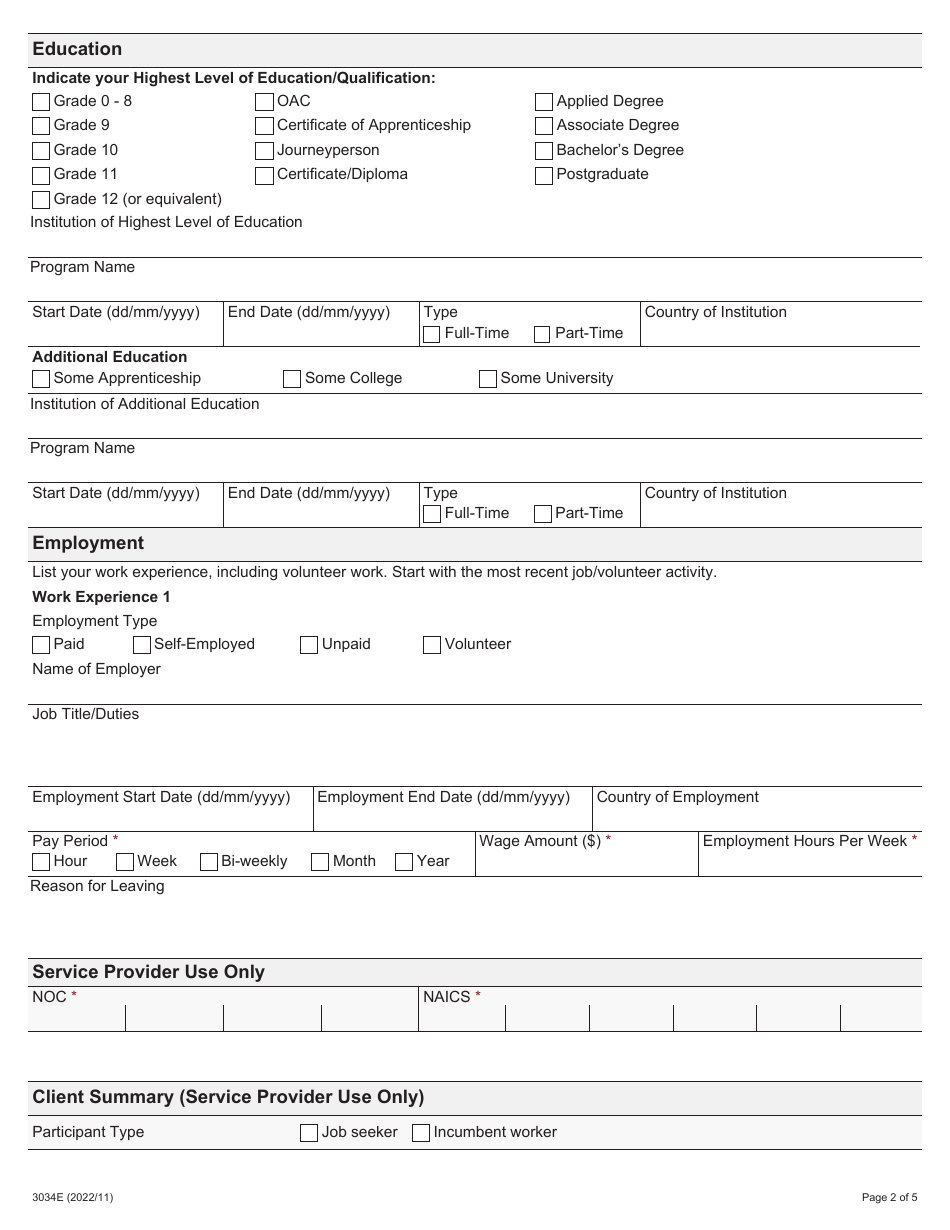 Form 3034E Skillsadvance Ontario Participant Registration - Ontario, Canada, Page 2