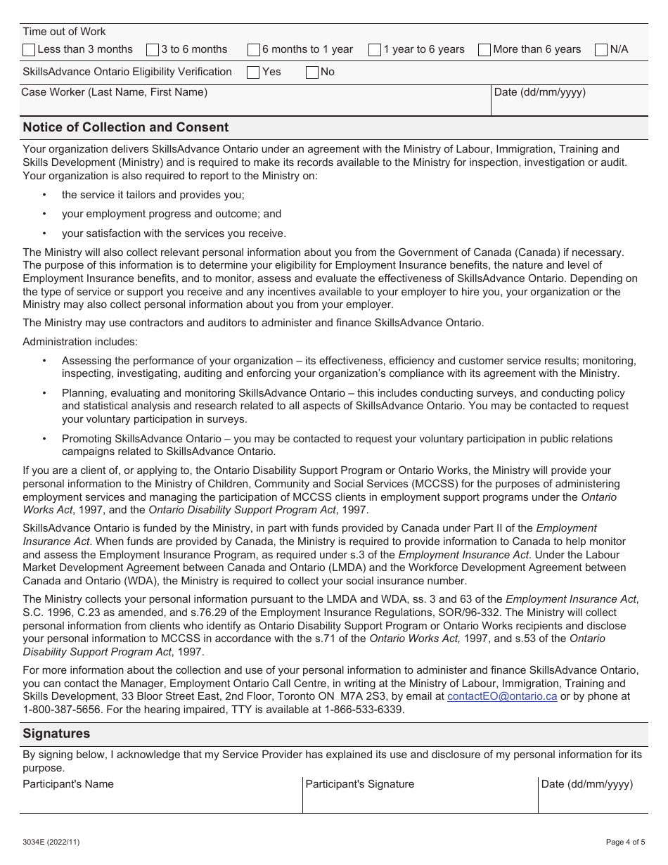 Form 3034E Skillsadvance Ontario Participant Registration - Ontario, Canada, Page 4