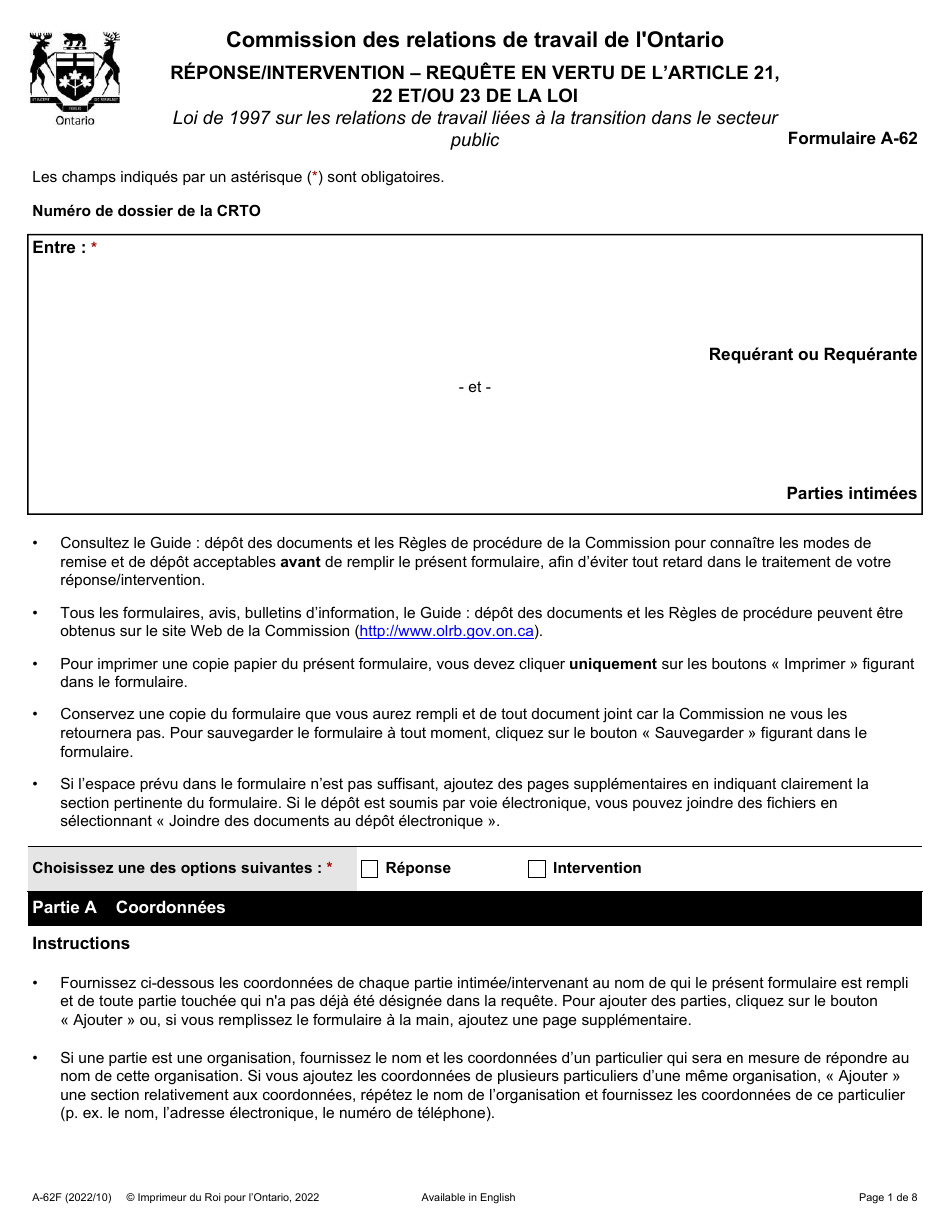 Forme A-62 Reponse / Intervention - Requete En Vertu De Larticle 21, 22 Et / Ou 23 De La Loi - Ontario, Canada (French), Page 1