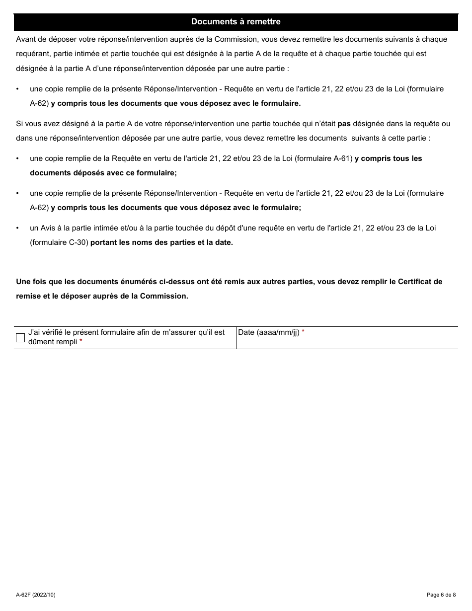 Forme A-62 Reponse / Intervention - Requete En Vertu De Larticle 21, 22 Et / Ou 23 De La Loi - Ontario, Canada (French), Page 6