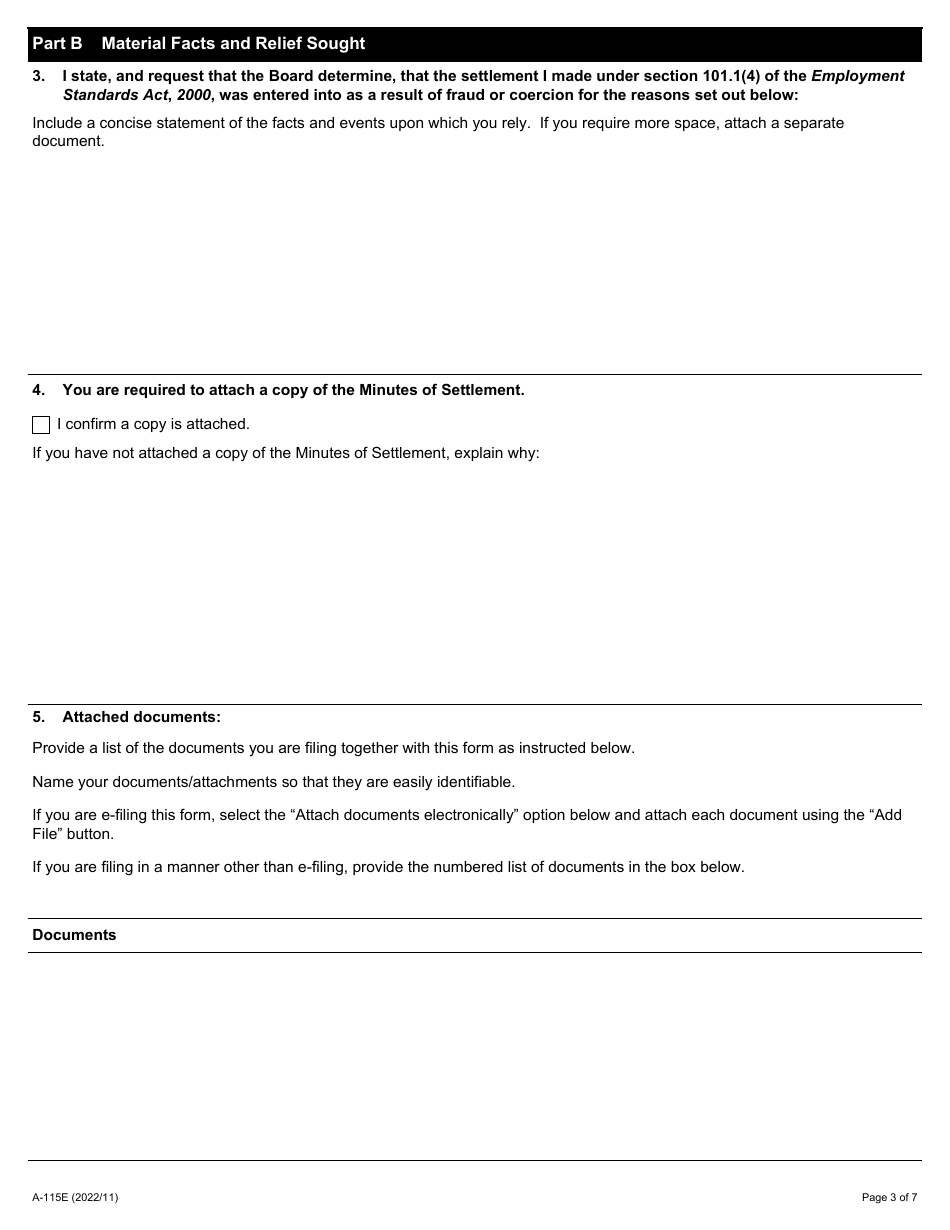 Form A-115 Application Under Sections 101.1(4) of the Esa to Void Settlement as a Result of Fraud or Coercion - Ontario, Canada, Page 3