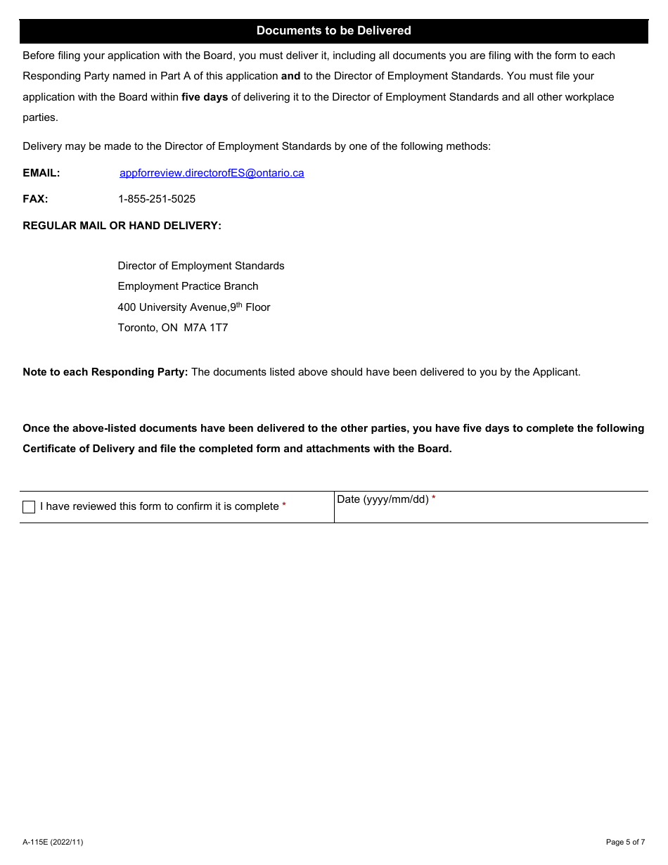 Form A-115 Application Under Sections 101.1(4) of the Esa to Void Settlement as a Result of Fraud or Coercion - Ontario, Canada, Page 5