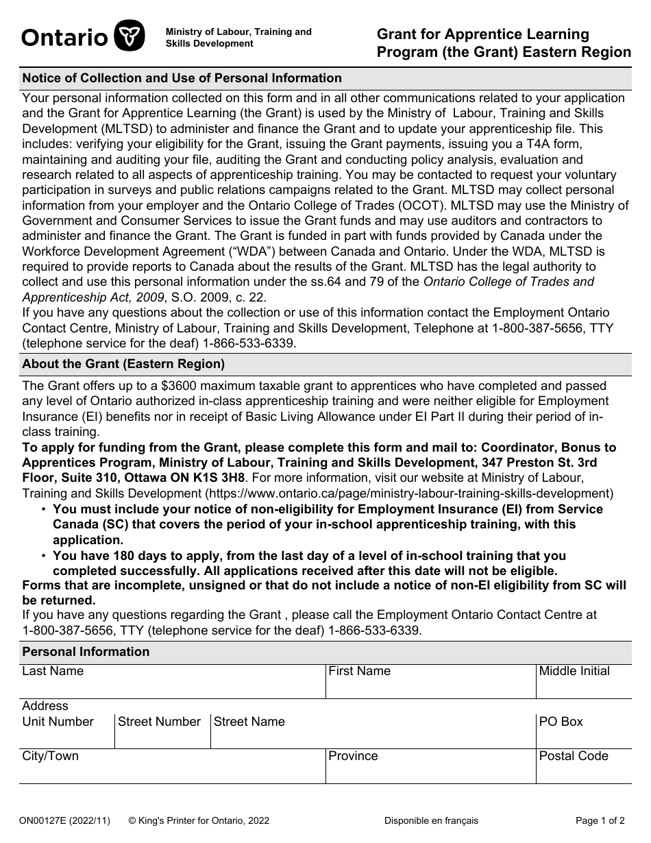 Form ON00127E Grant for Apprentice Learning Program (The Grant) Eastern Region - Ontario, Canada, Page 1