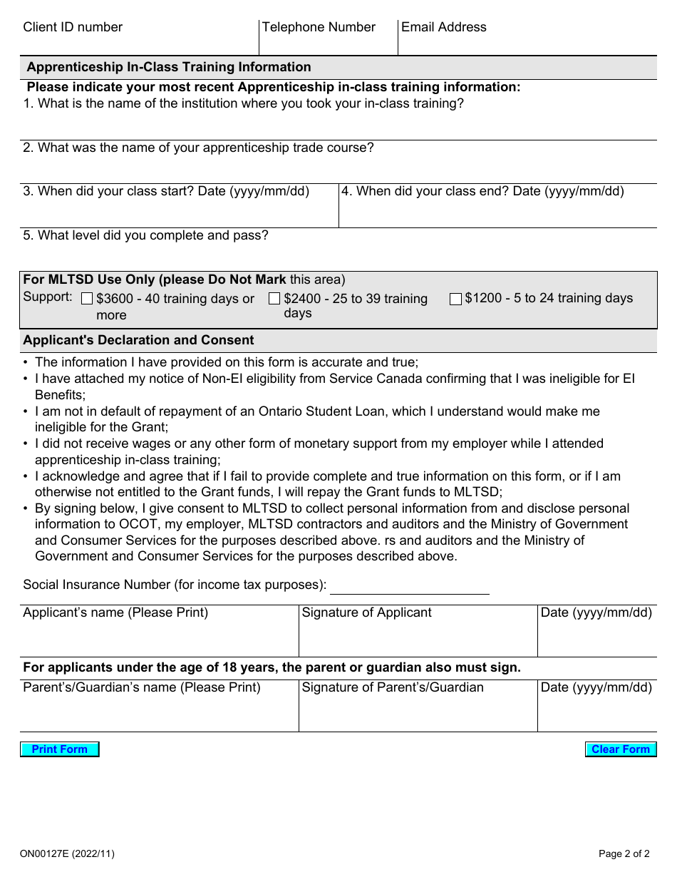 Form ON00127E Grant for Apprentice Learning Program (The Grant) Eastern Region - Ontario, Canada, Page 2