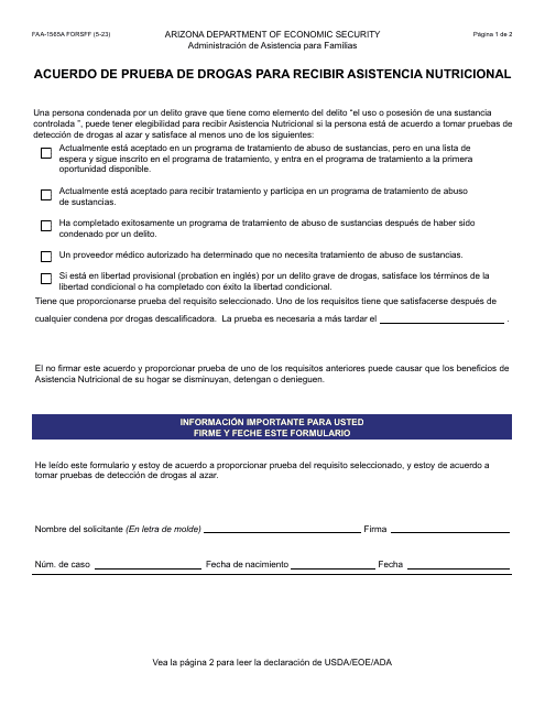 Formulario FAA-1565A-S Acuerdo De Prueba De Drogas Para Recibir Asistencia Nutricional - Arizona (Spanish)