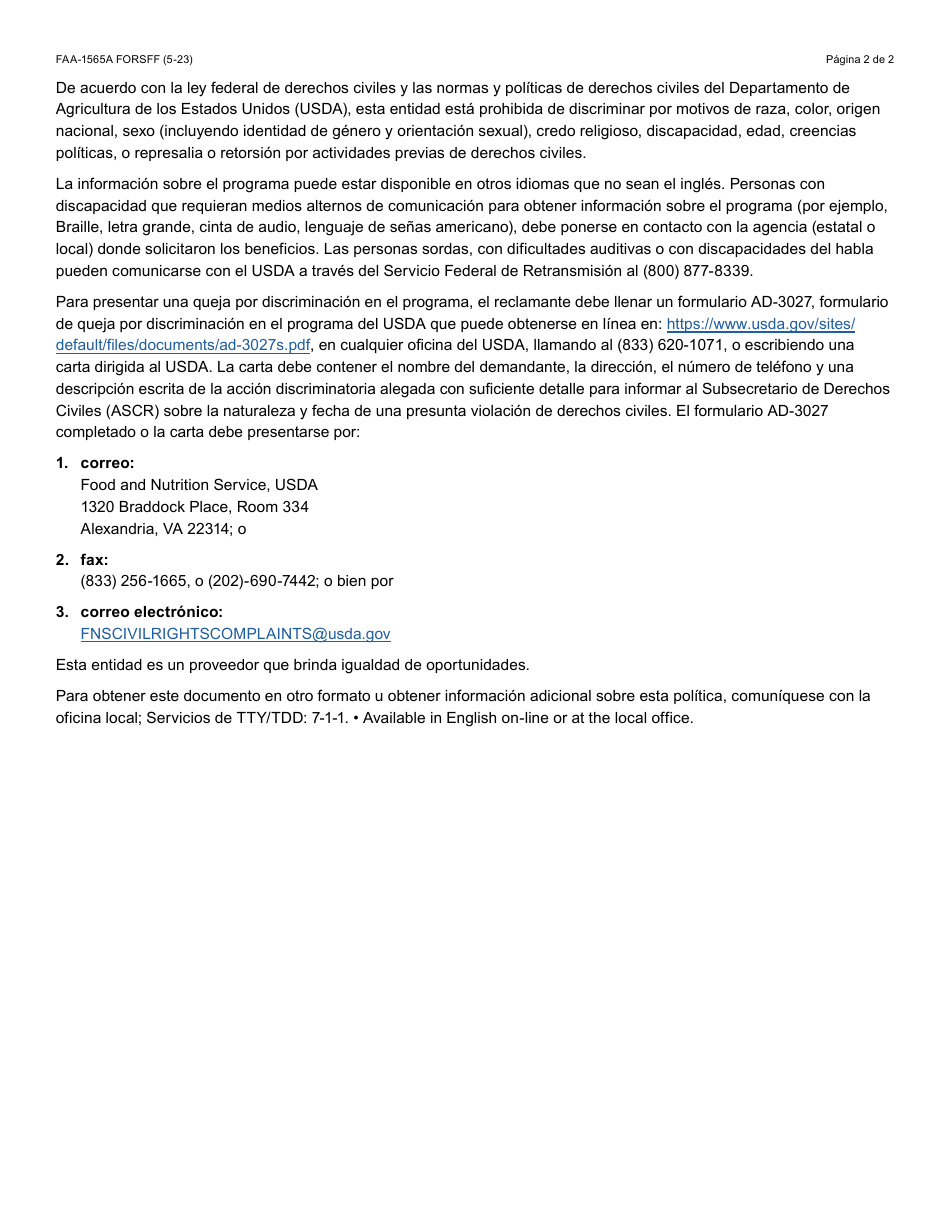 Formulario FAA-1565A-S Acuerdo De Prueba De Drogas Para Recibir Asistencia Nutricional - Arizona (Spanish), Page 2