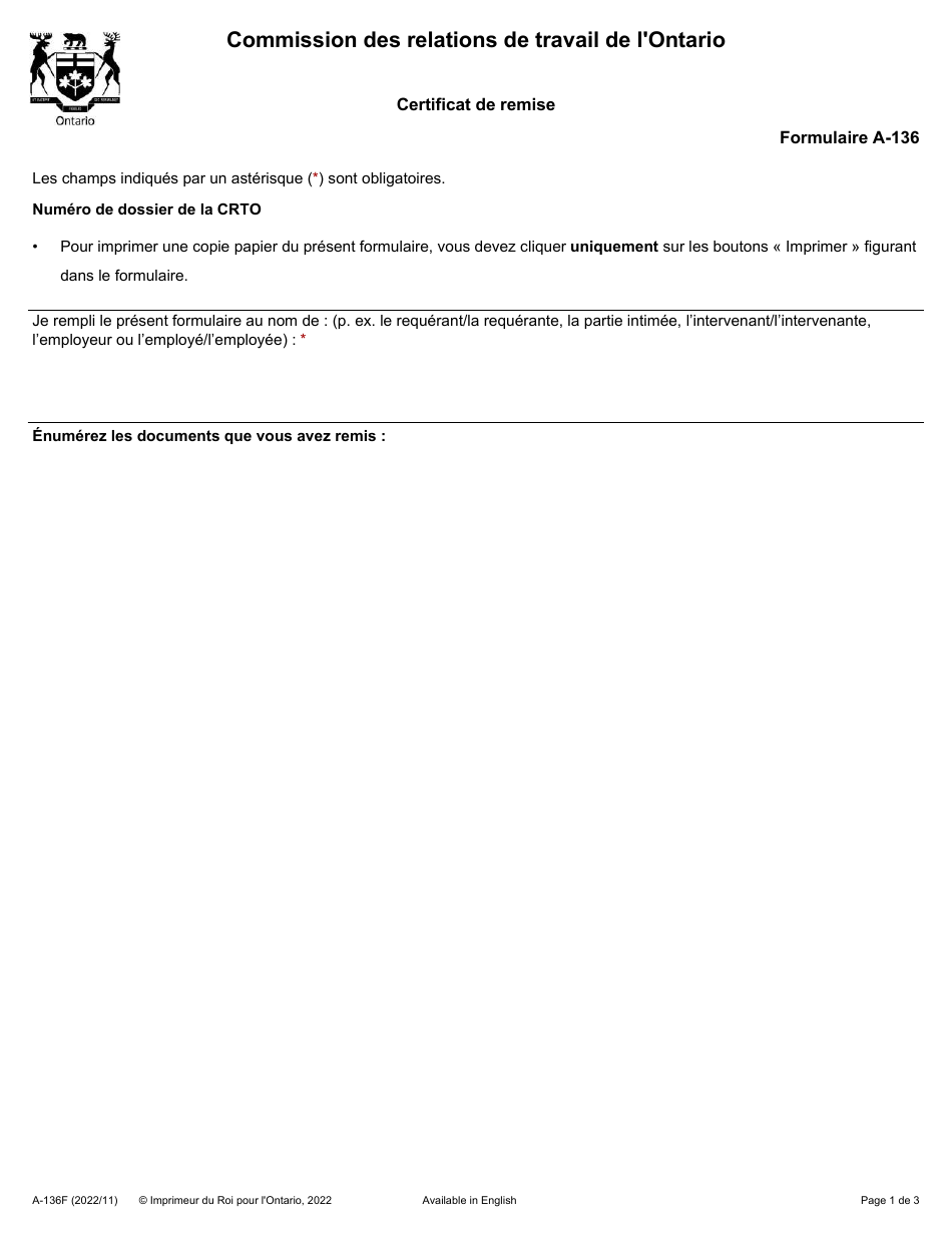 Forme A-136 Certificat De Remise - Ontario, Canada (French), Page 1