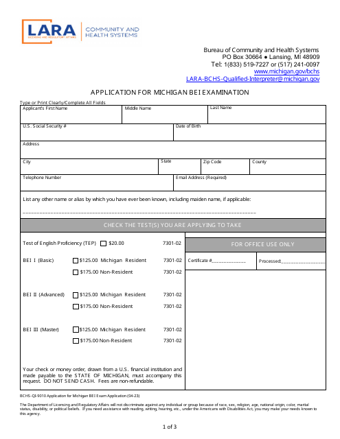 Form BCHS-QI-9010  Printable Pdf