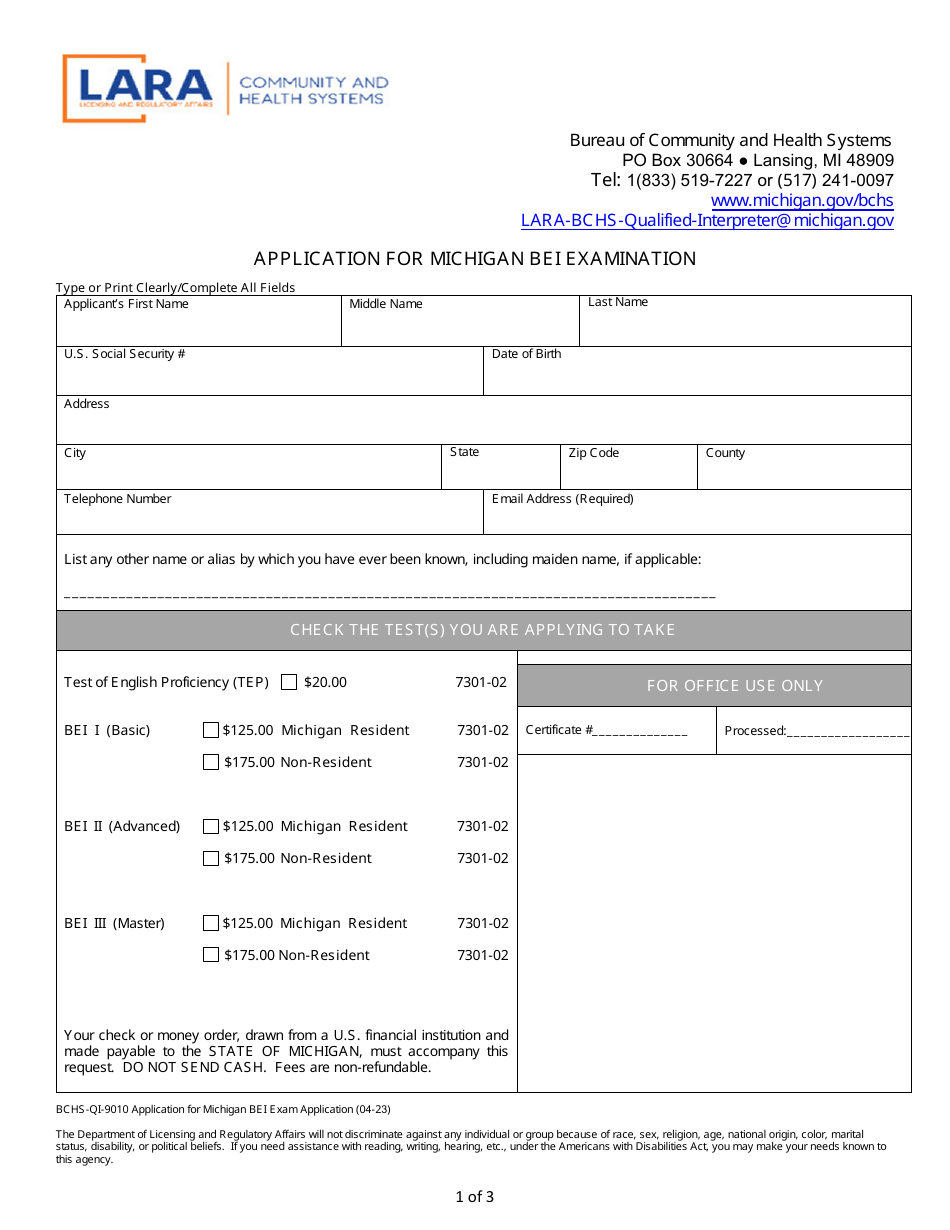 Form BCHS-QI-9010 Application for Michigan Bei Examination - Michigan, Page 1