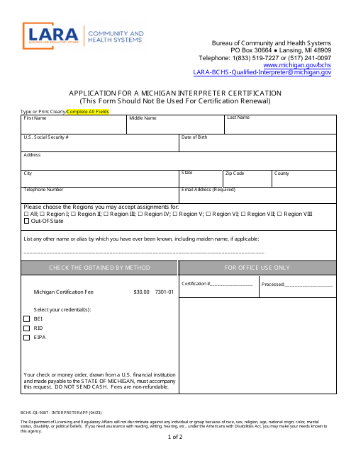 Form BCHS-QI-9007 Application for a Michigan Interpreter Certification - Michigan