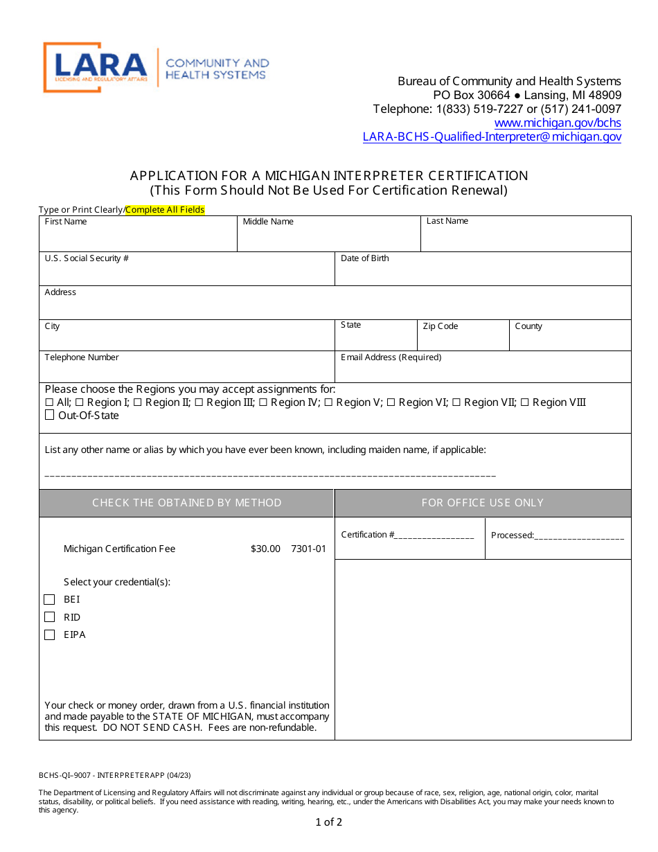Form BCHS-QI-9007 Application for a Michigan Interpreter Certification - Michigan, Page 1