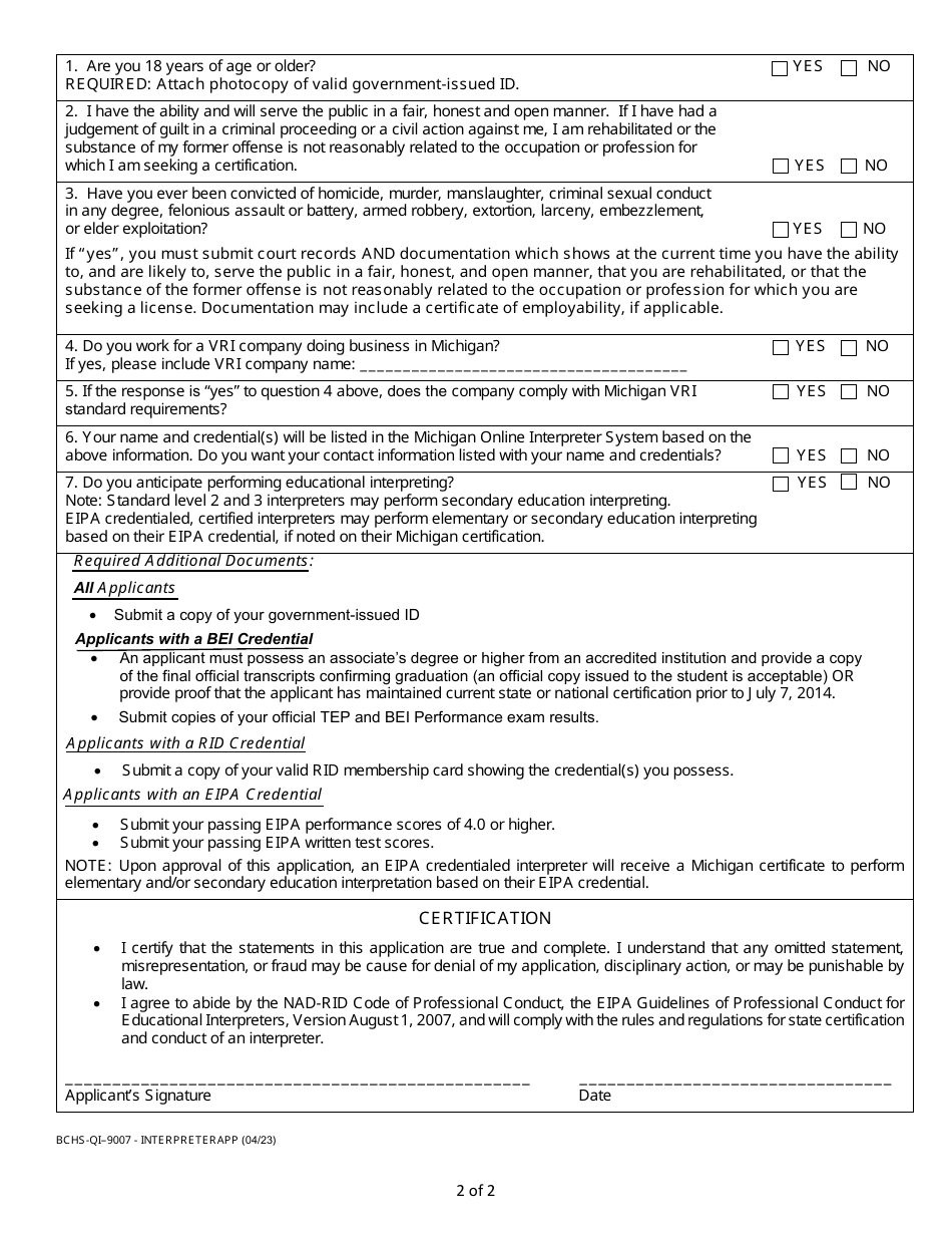 Form BCHS-QI-9007 Application for a Michigan Interpreter Certification - Michigan, Page 2