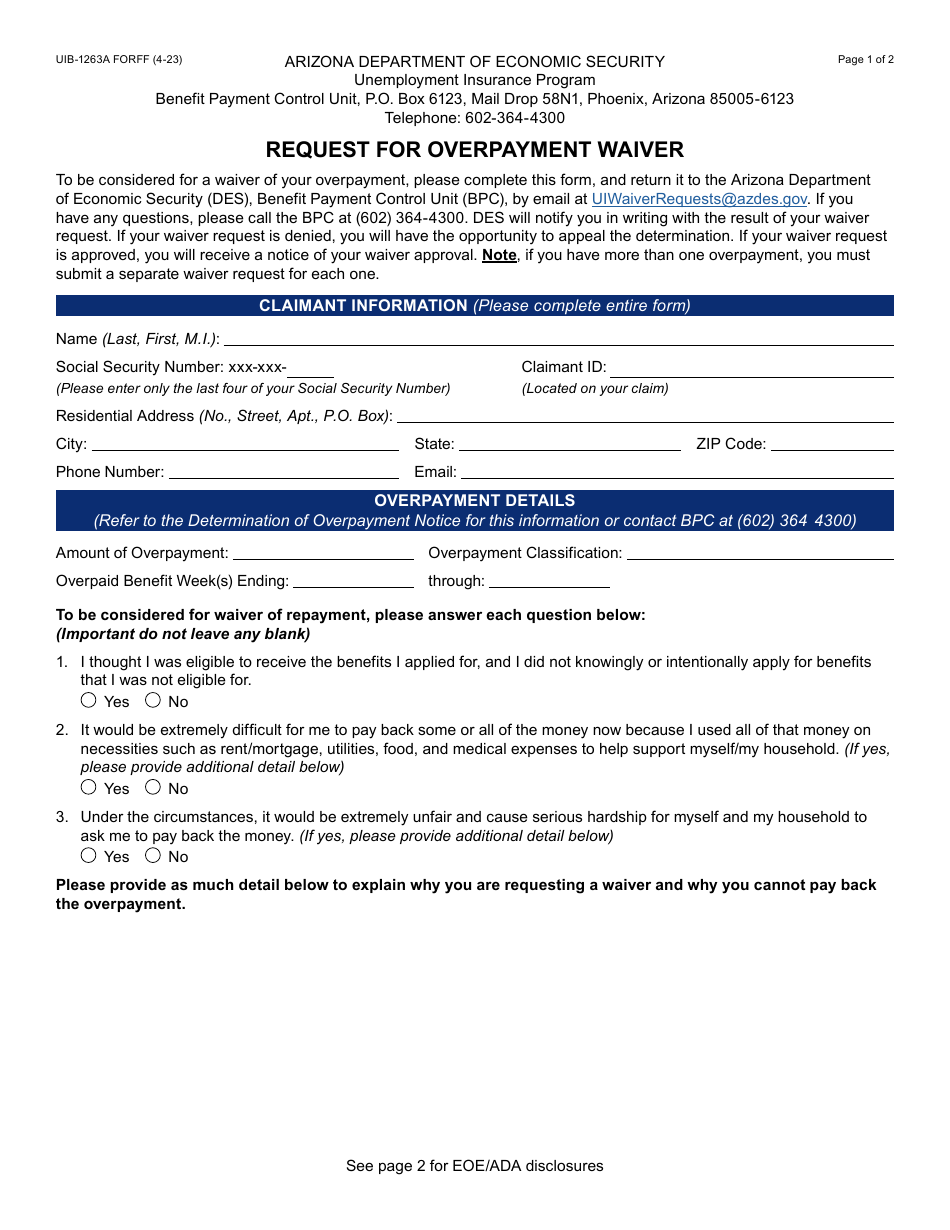 Form UIB-1263A Request for Overpayment Waiver - Arizona, Page 1