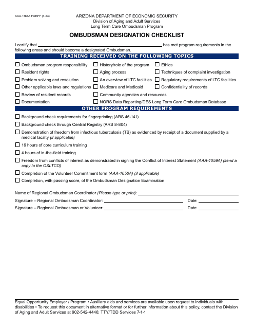 Form AAA-1184A Ombudsman Designation Checklist - Arizona