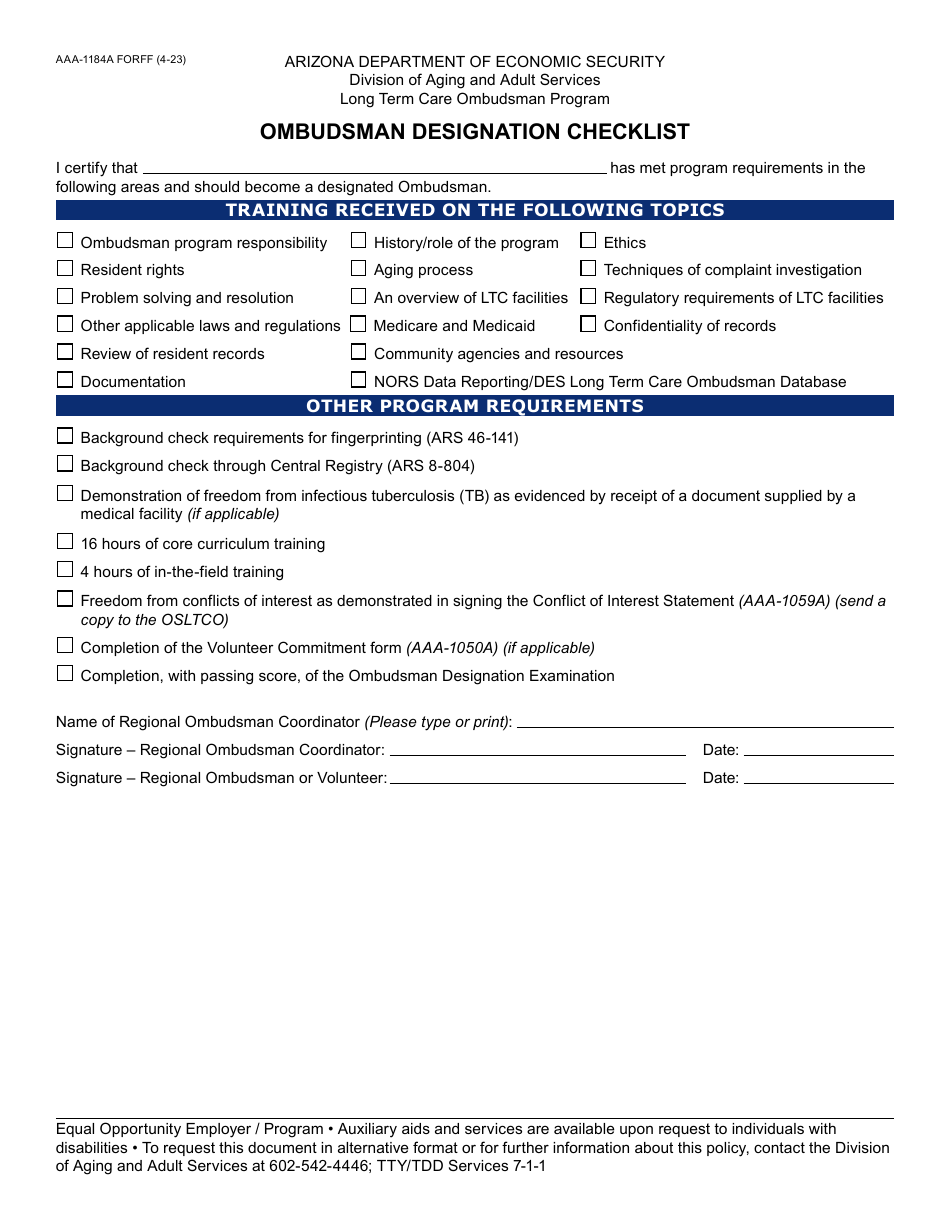 Form AAA-1184A Ombudsman Designation Checklist - Arizona, Page 1