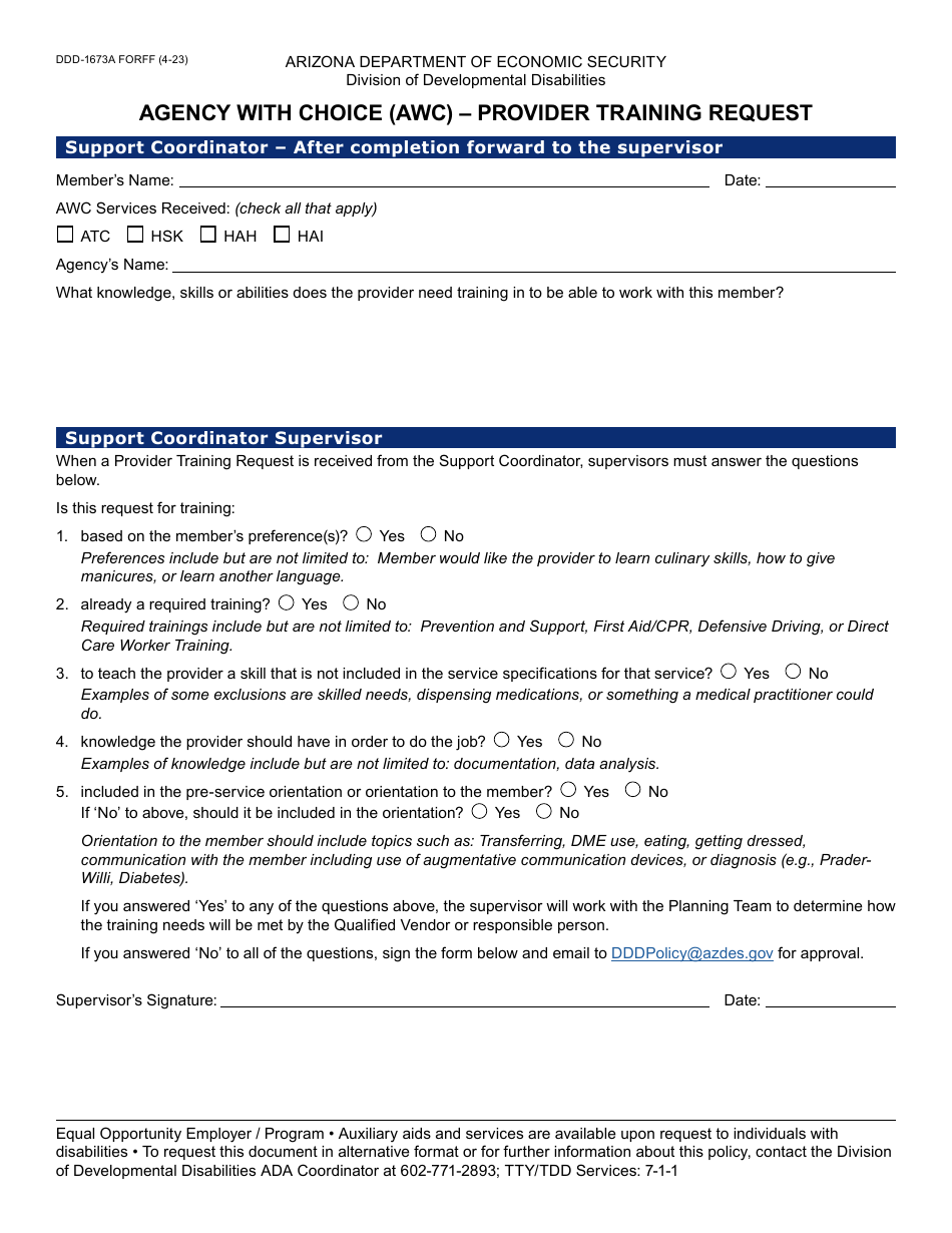 Form DDD-1673A Agency With Choice (Awc) - Provider Training Request - Arizona, Page 1
