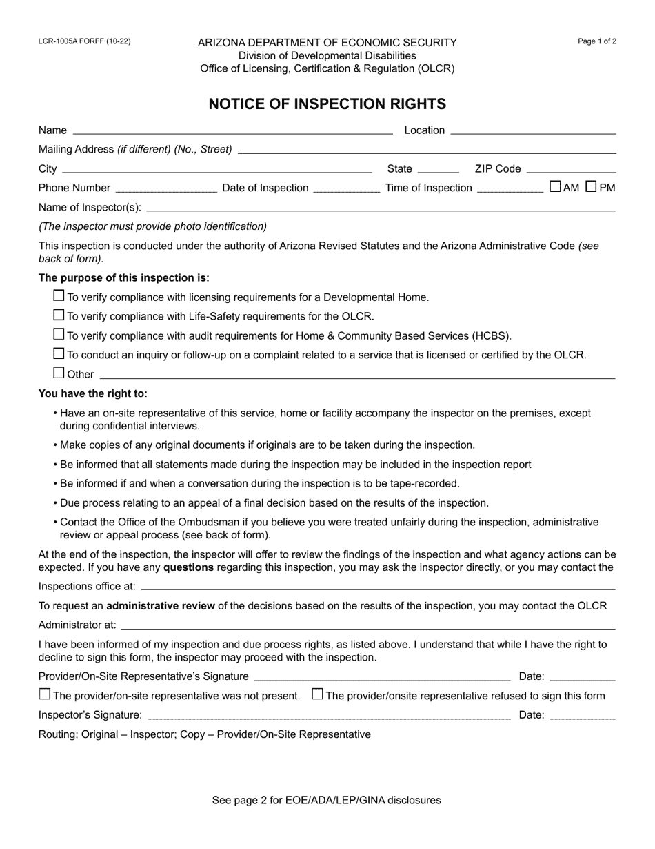 Form LCR1005A Fill Out, Sign Online and Download Fillable PDF, Arizona Templateroller