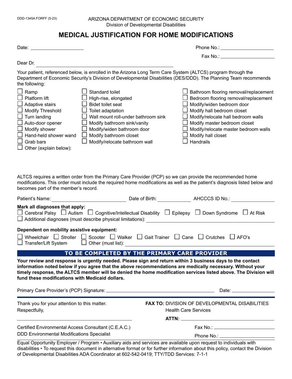 Form Ddd 1345a Download Fillable Pdf Or Fill Online Medical Justification For Home Modifications 0013