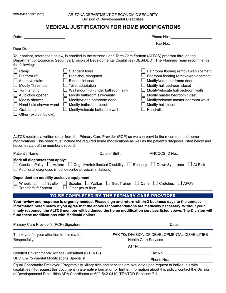 Form DDD-1345A Medical Justification for Home Modifications - Arizona, Page 1