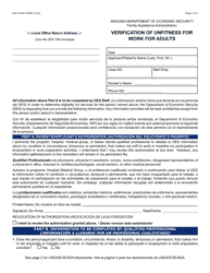 Form FAA-1533A Verification of Unfitness for Work for Adults - Arizona (English/Spanish)