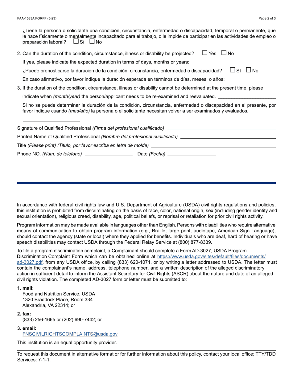 Form FAA-1533A Verification of Unfitness for Work for Adults - Arizona (English / Spanish), Page 2