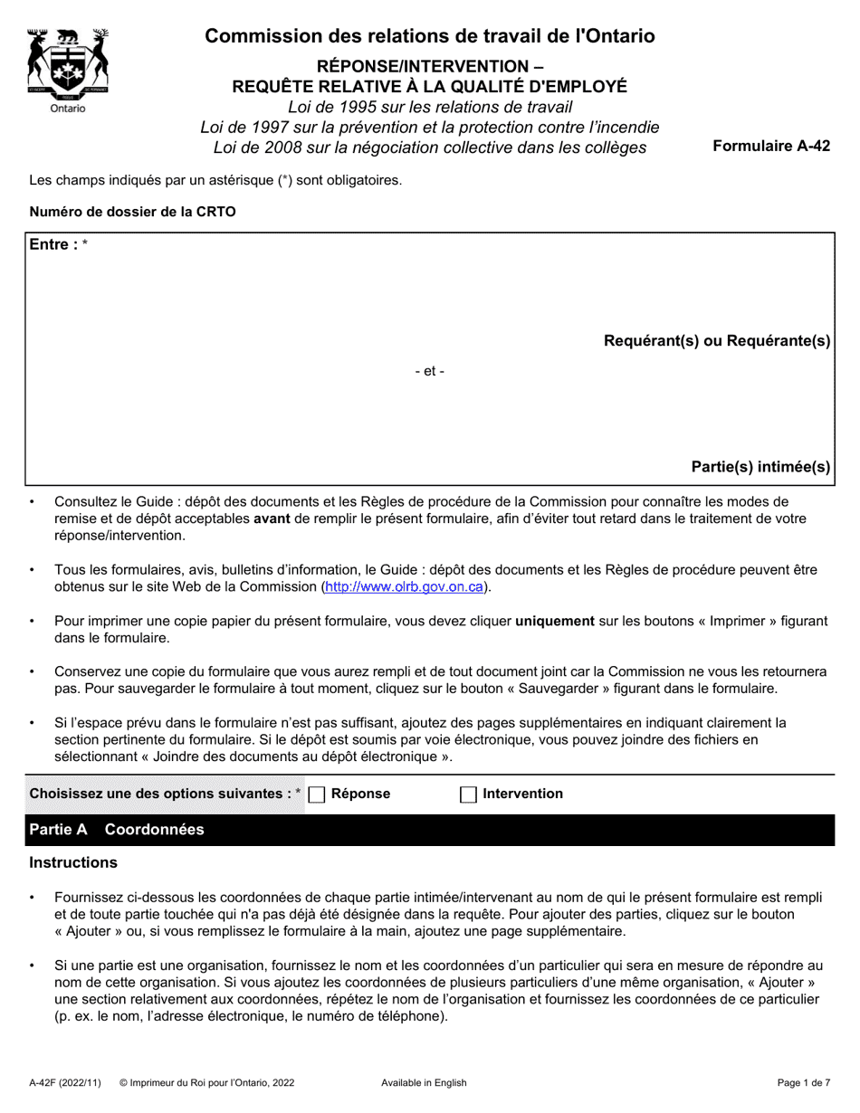 Forme A-42 Reponse / Intervention - Requete Relative a La Qualite Demploye - Ontario, Canada (French), Page 1