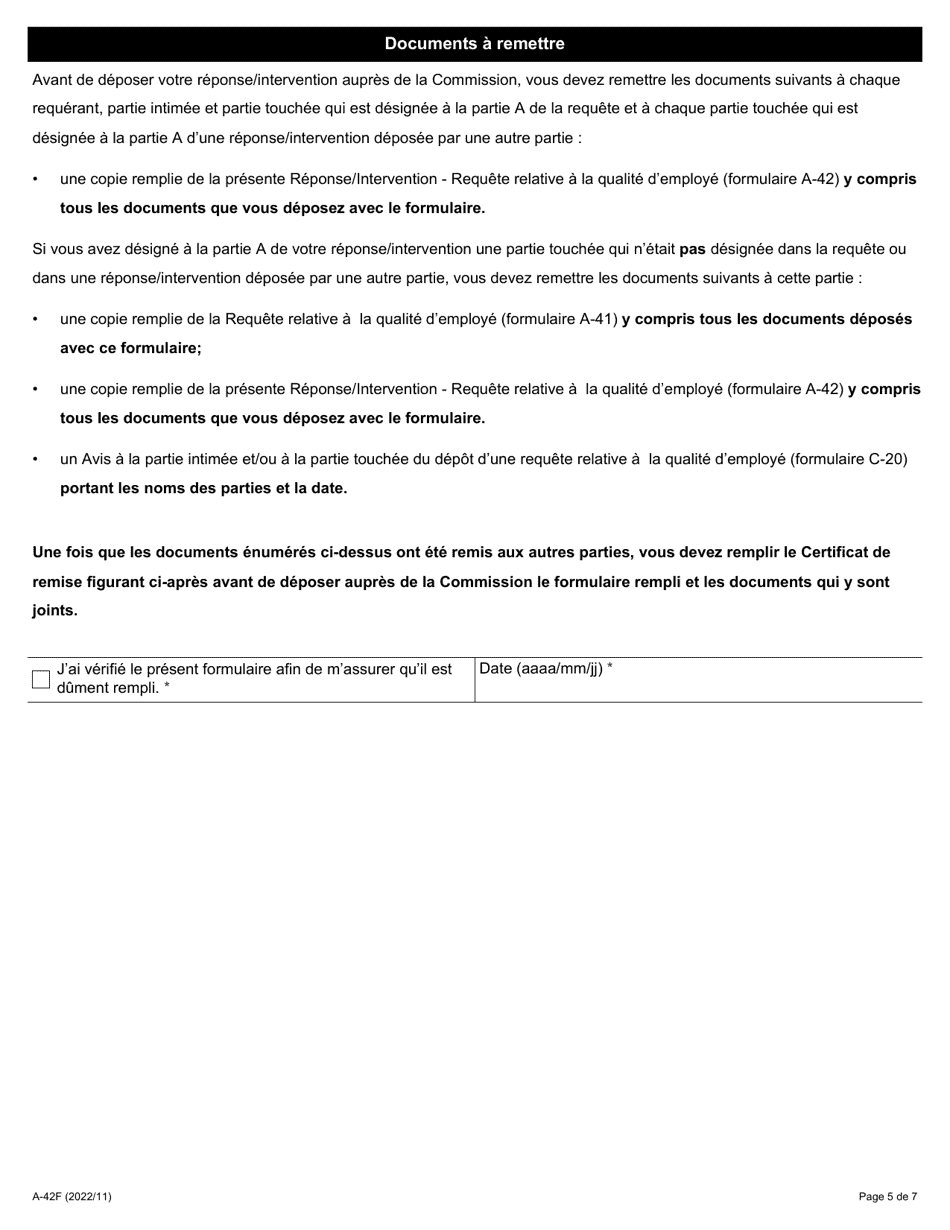 Forme A-42 Reponse / Intervention - Requete Relative a La Qualite Demploye - Ontario, Canada (French), Page 5