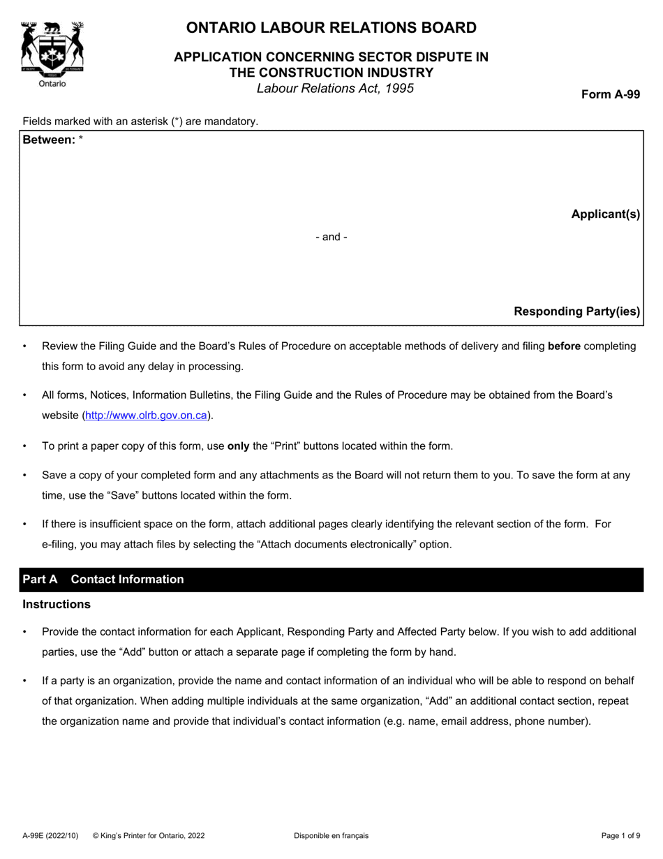 Form A-99 Application Concerning Sector Dispute in the Construction Industry - Ontario, Canada, Page 1
