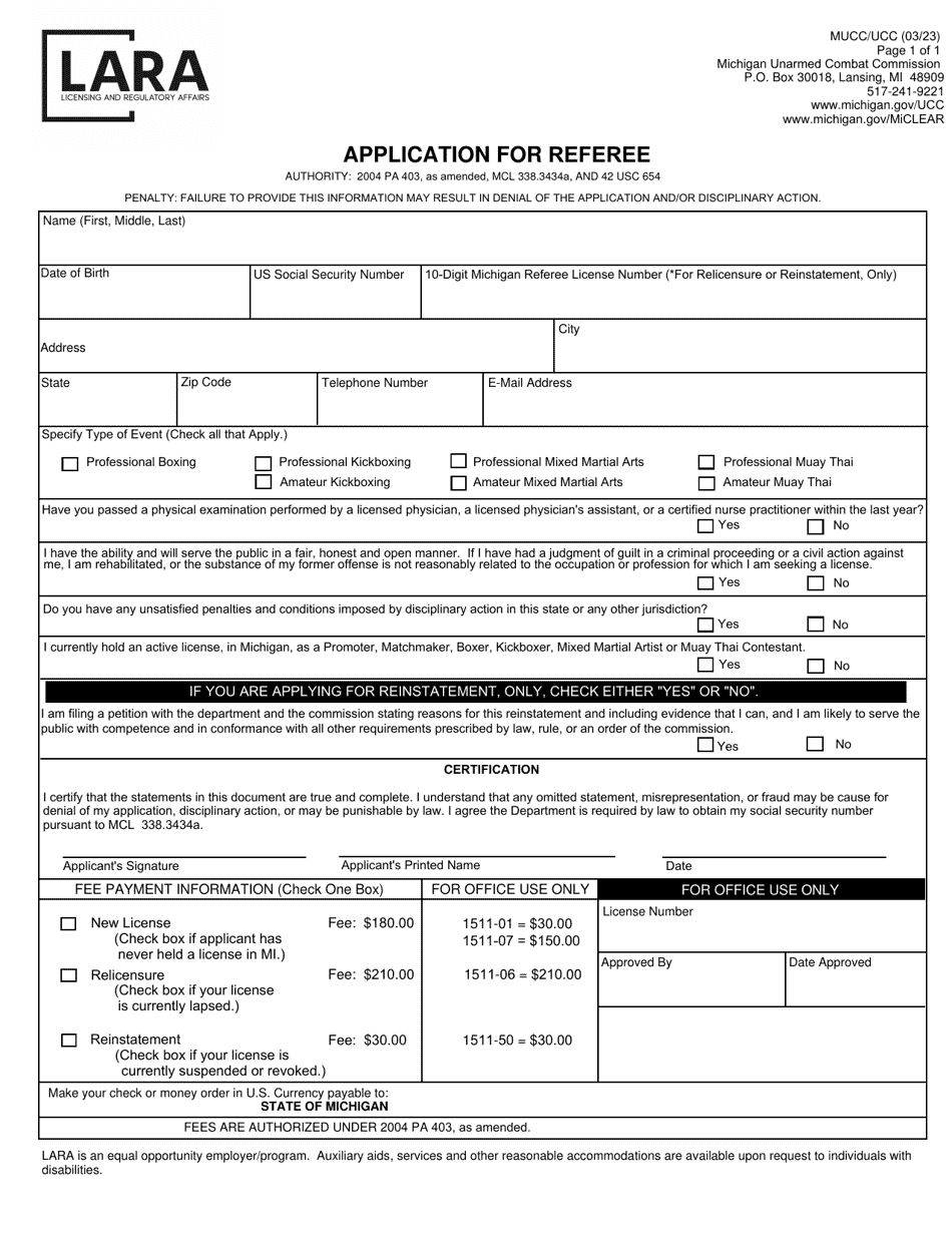 Application for Referee - Michigan, Page 1