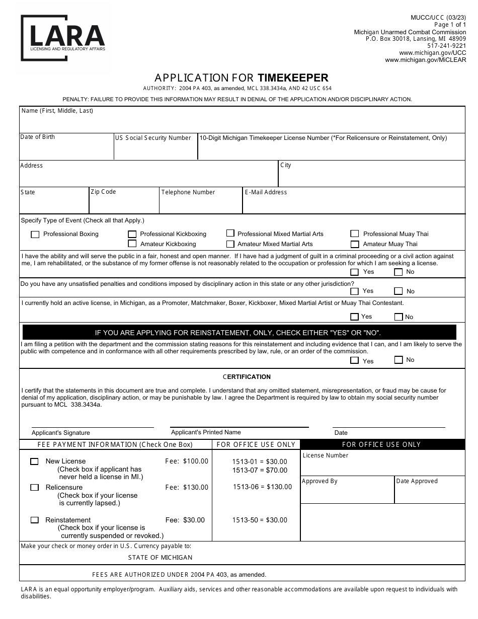 Application for Timekeeper - Michigan, Page 1