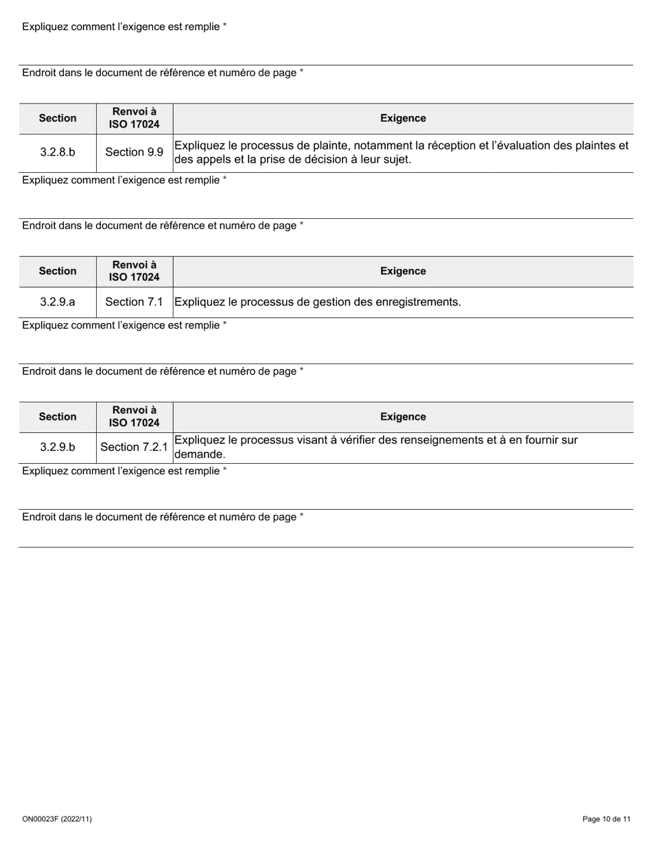 Forme ON00023F Criteres De Reconnaissance DES Employeurs Demande Concernant La Certification Et Lorganisme De Gouvernance DES Verificateurs - Ontario, Canada (French), Page 11