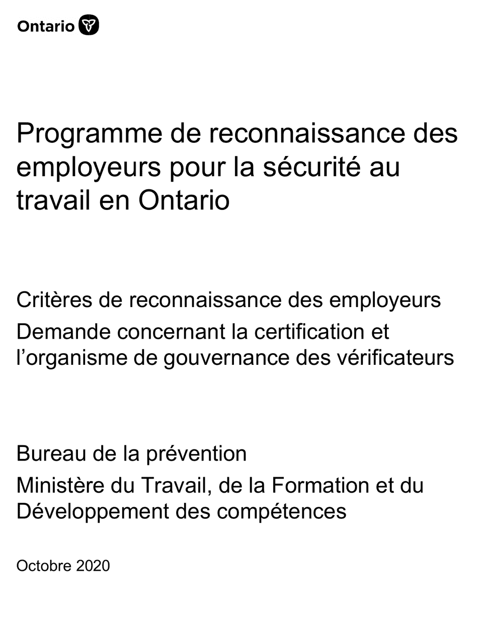 Forme ON00023F Criteres De Reconnaissance DES Employeurs Demande Concernant La Certification Et Lorganisme De Gouvernance DES Verificateurs - Ontario, Canada (French), Page 1