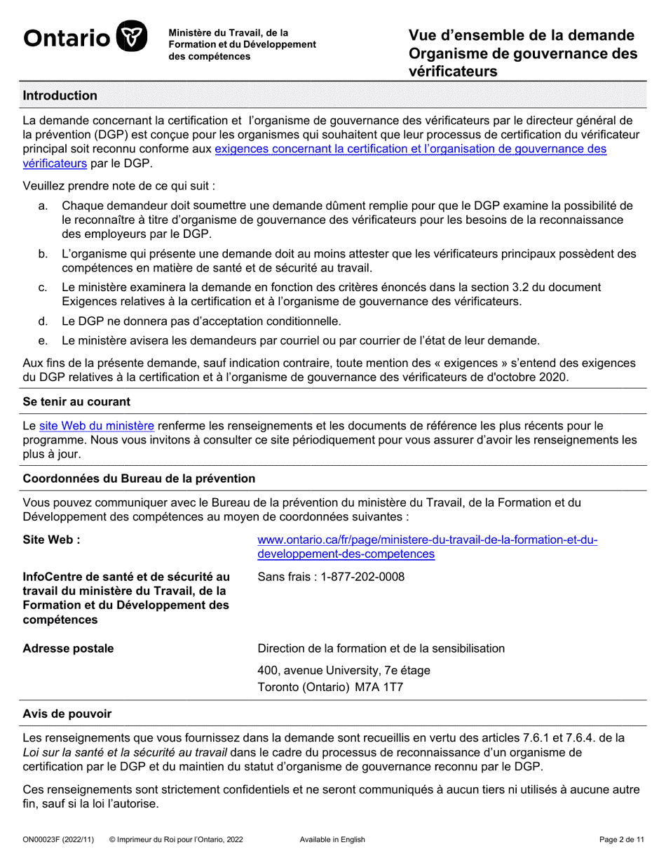 Forme ON00023F Criteres De Reconnaissance DES Employeurs Demande Concernant La Certification Et Lorganisme De Gouvernance DES Verificateurs - Ontario, Canada (French), Page 3