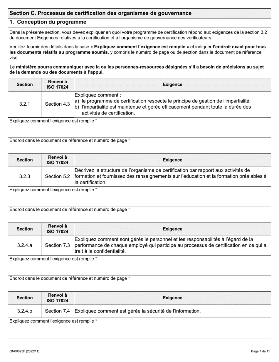 Forme ON00023F Criteres De Reconnaissance DES Employeurs Demande Concernant La Certification Et Lorganisme De Gouvernance DES Verificateurs - Ontario, Canada (French), Page 8
