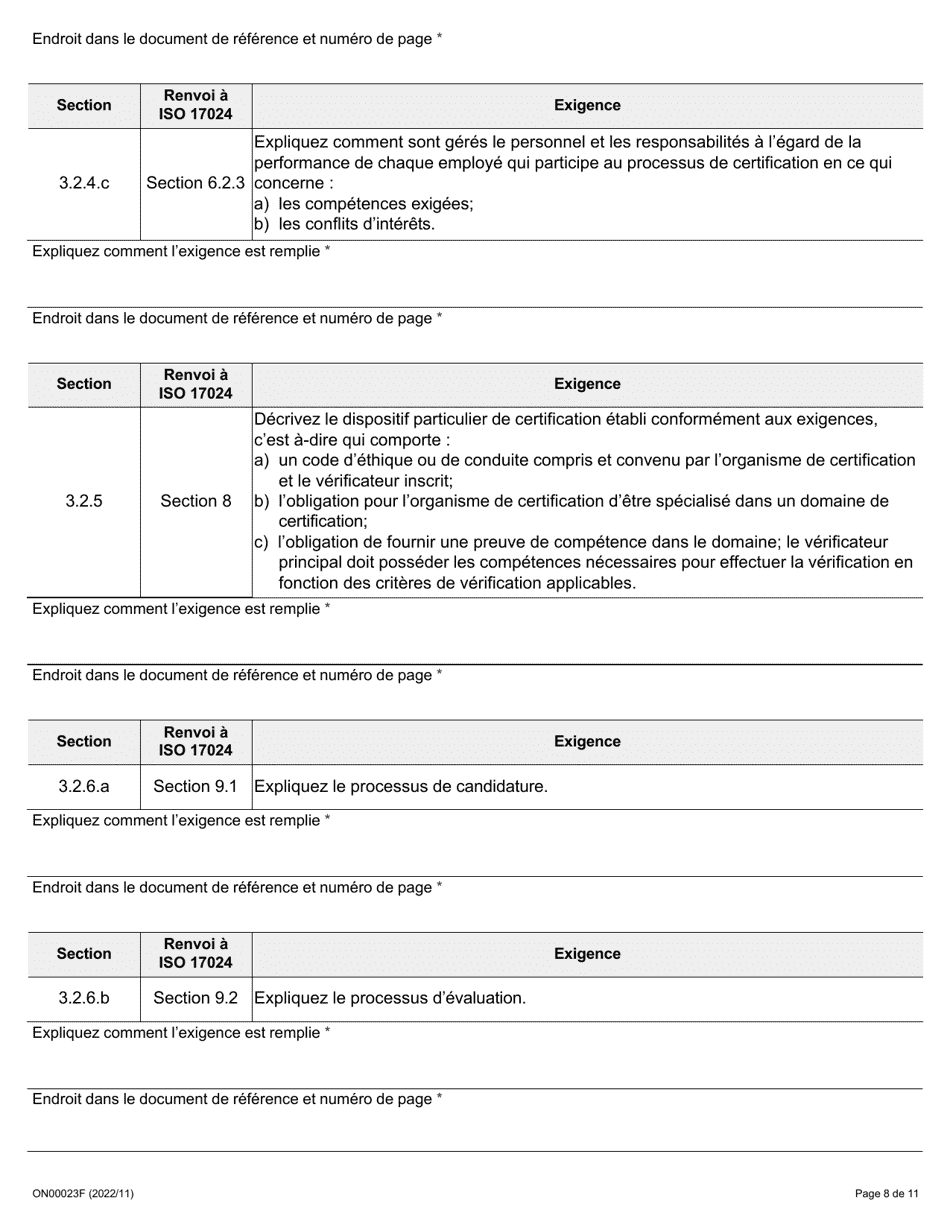 Forme ON00023F Criteres De Reconnaissance DES Employeurs Demande Concernant La Certification Et Lorganisme De Gouvernance DES Verificateurs - Ontario, Canada (French), Page 9