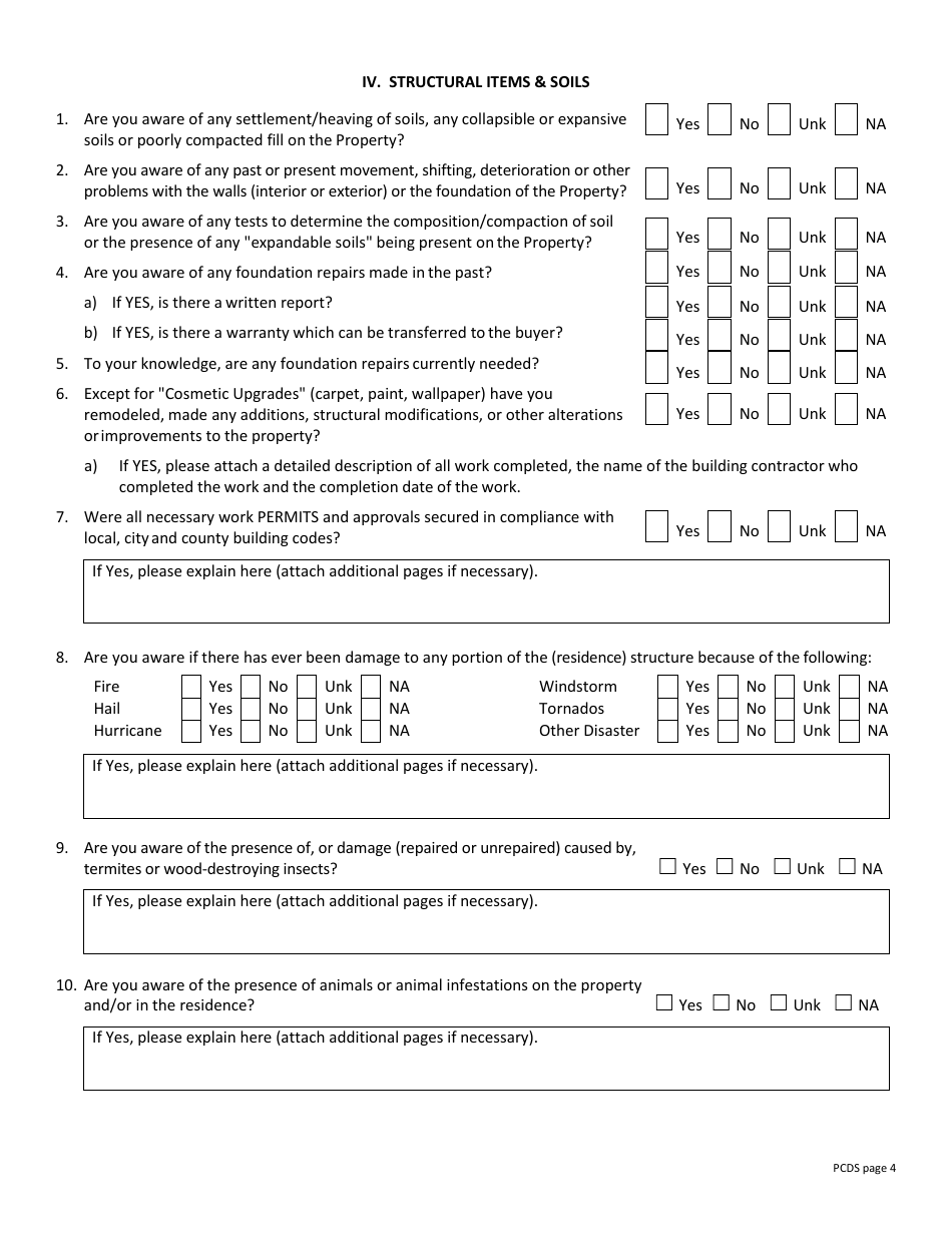 Property Condition Disclosure Statement (Pcds) (Letter Size) - Mississippi, Page 4