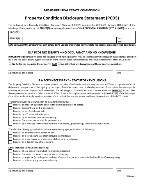 Property Condition Disclosure Statement (Pcds) (Letter Size) - Mississippi Download Pdf