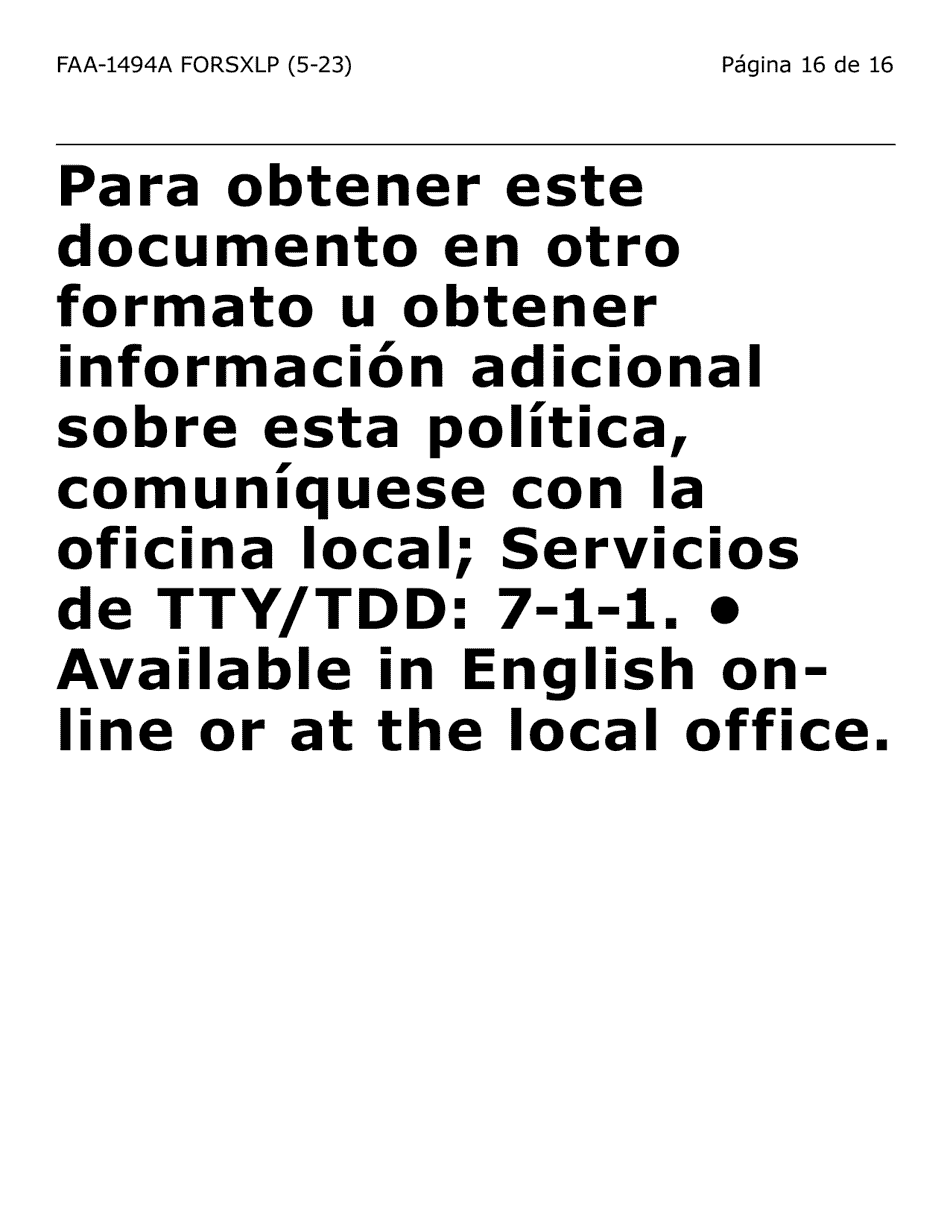 Formulario FAA-1494A-SXLP Remocion De Un(A) Representante Autorizado(A) (Letra Extra Grande) - Arizona (Spanish), Page 16