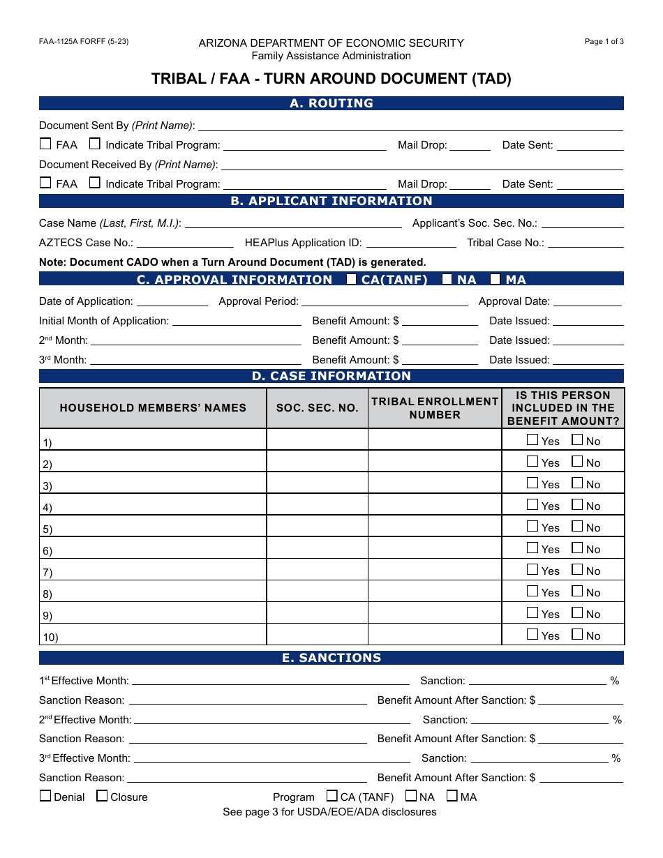 Form FAA-1125A Tribal / FAA - Turn Around Document (Tad) - Arizona, Page 1