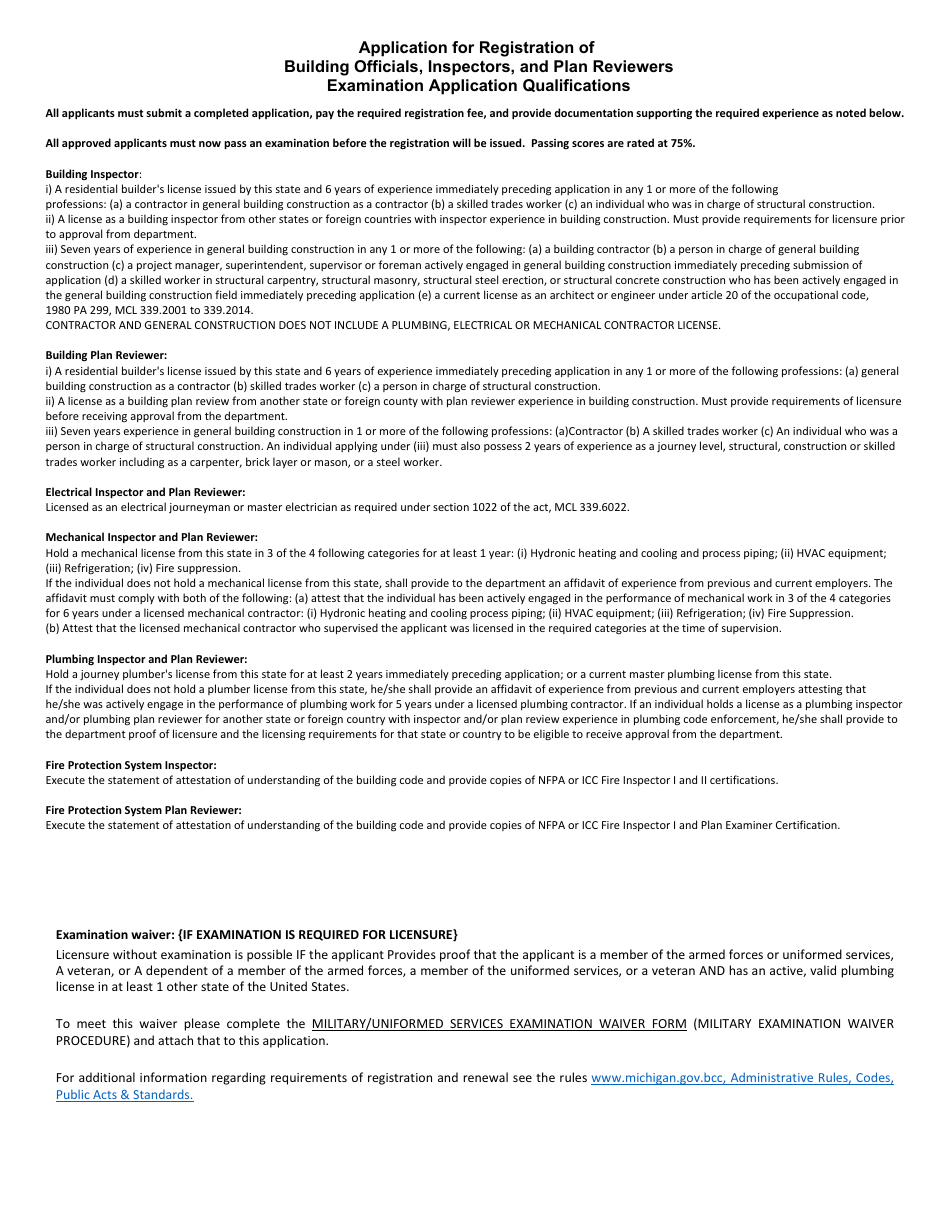 Form BCC-320 Application for Examination to Register as Building Officials, Inspectors and Plan Reviewers - Michigan, Page 1